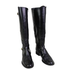 Cole Haan BLACK GENUINE LEATHER LOW HEEL ROUND TOE SIDE ZIP BELTED BOOTS Sz 7B